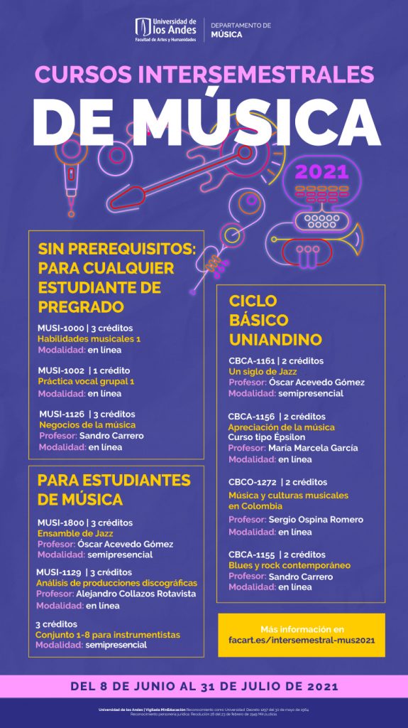 Conozca los cursos que el Departamento de Música ofrece para el periodo intersemestral 2021.