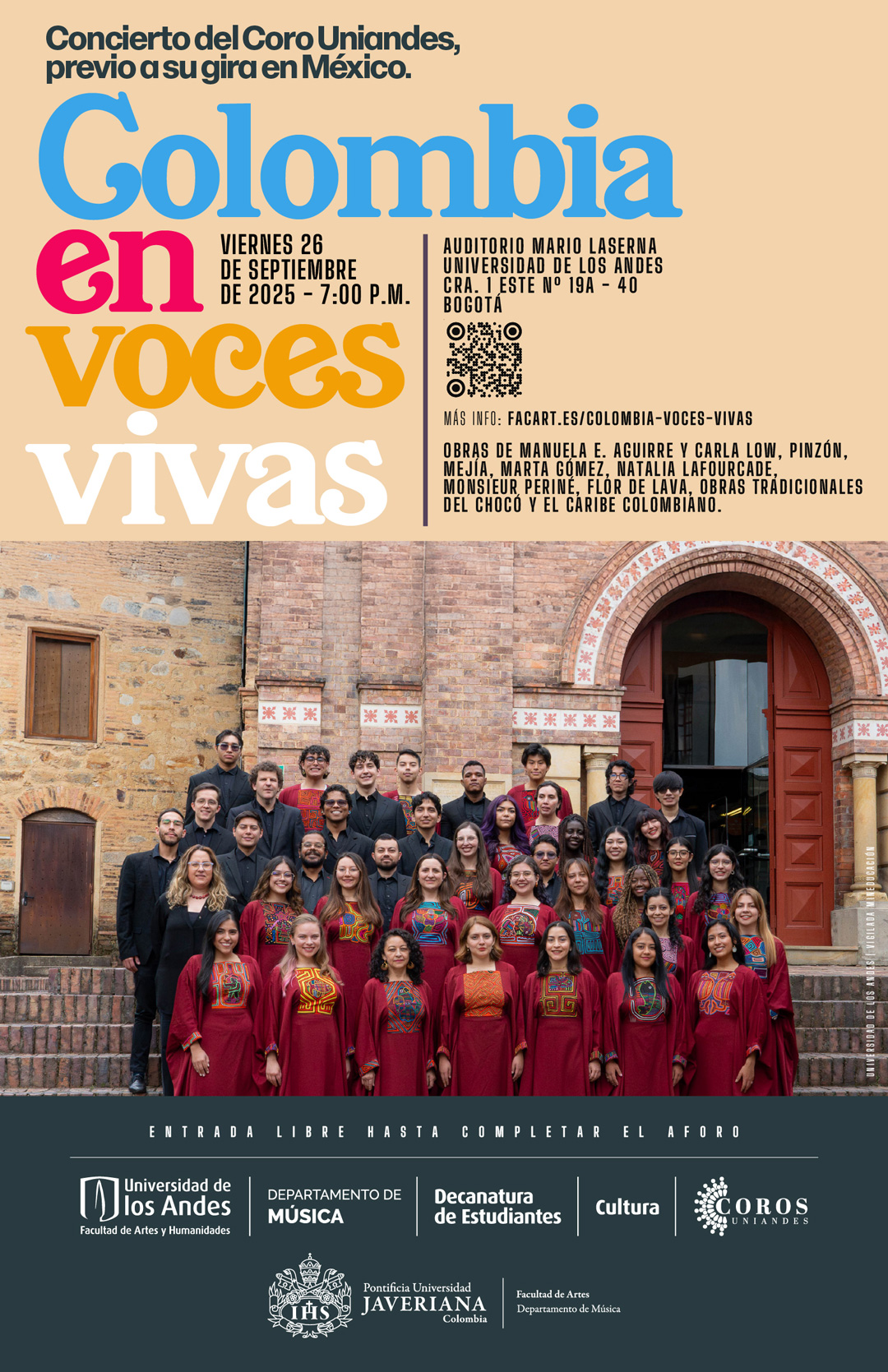 Coro Uniandes: viernes 26 de septiembre de 2025 a las 7:00 p.m. en el Auditorio Mario Laserna, Universidad de los Andes