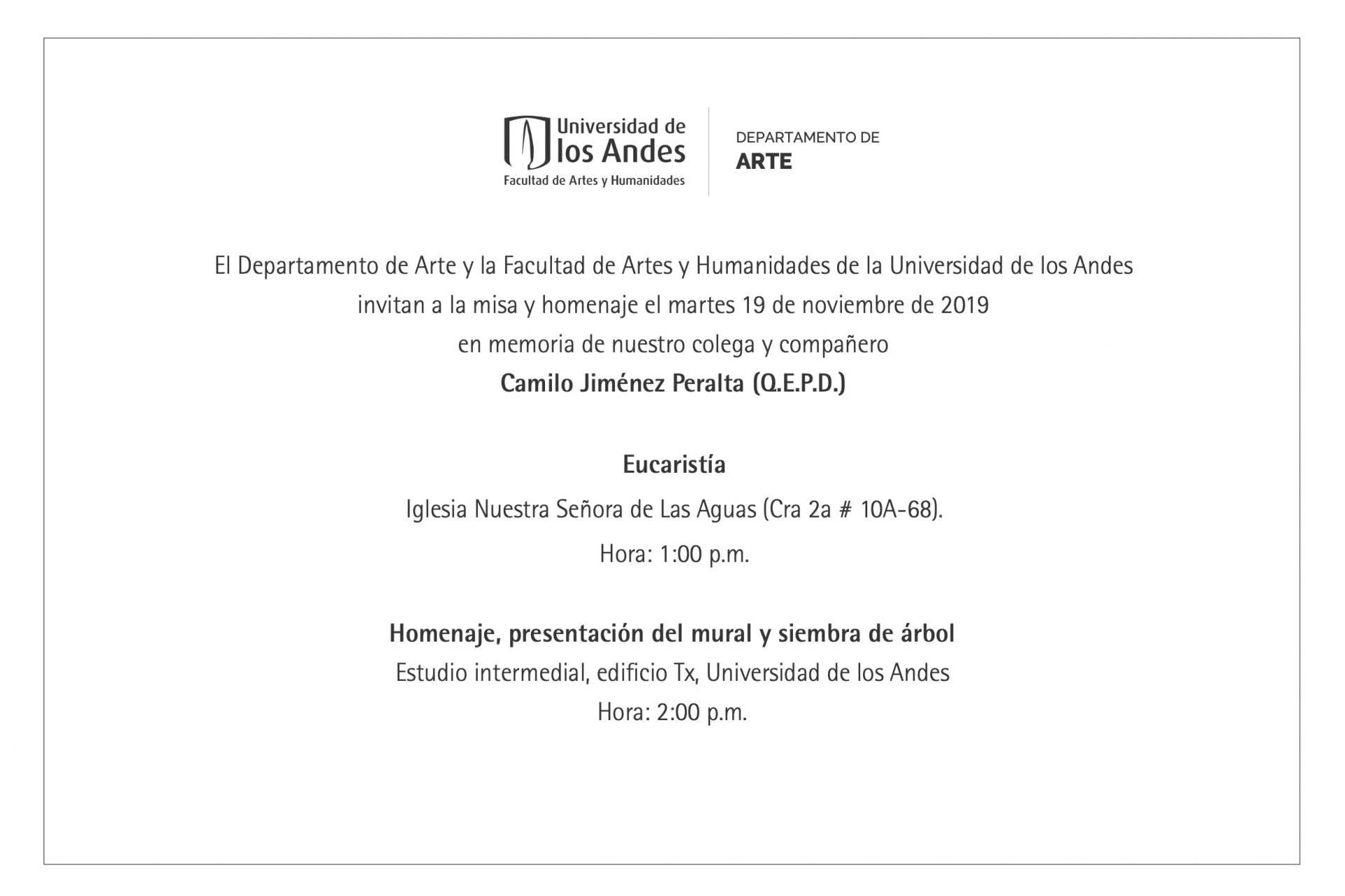 Martes 19 de noviembre a la 1:00 p.m. en la Iglesia Nuestra Señora de Las Aguas.