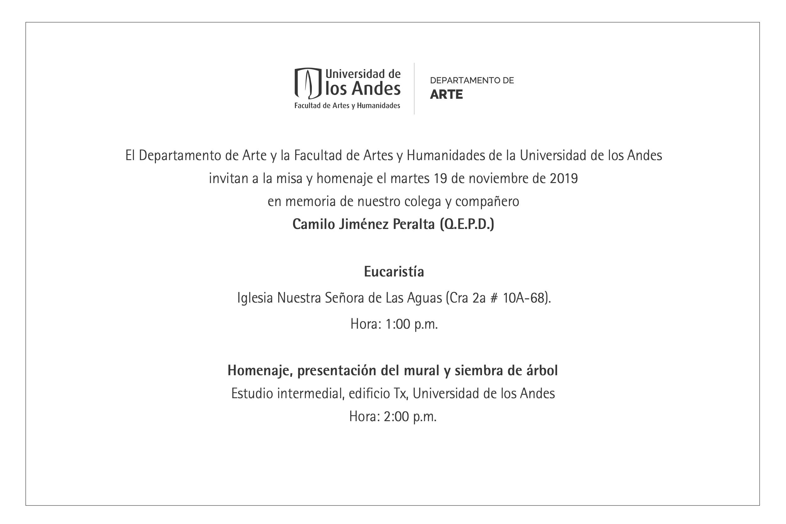 Misa y homenaje en memoria de nuestro colega y compañero Camilo Jiménez Peralta