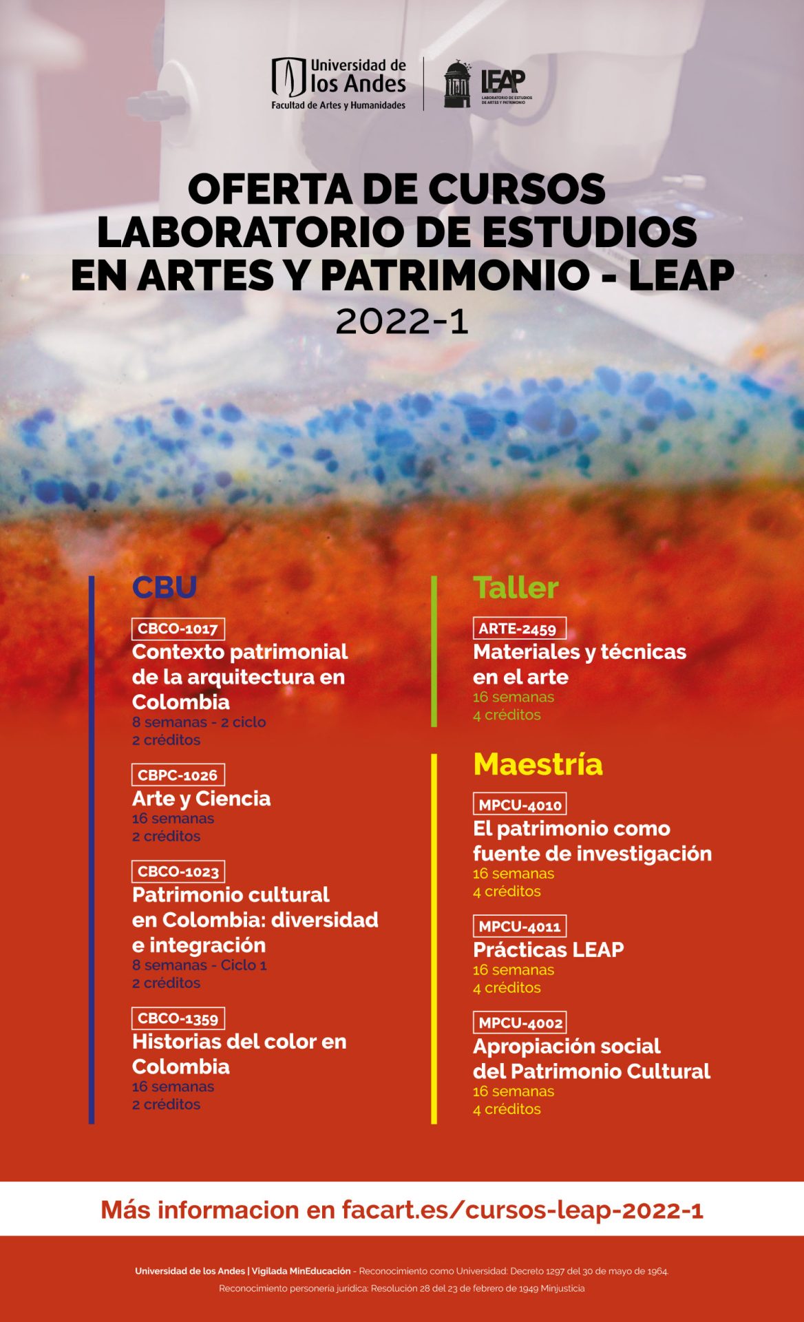 Conozca la foerta de cursos del  Laboratorio de Estudios en artes y Patrimonio - LEAP 2022-10 para el primer semestre el 2022.