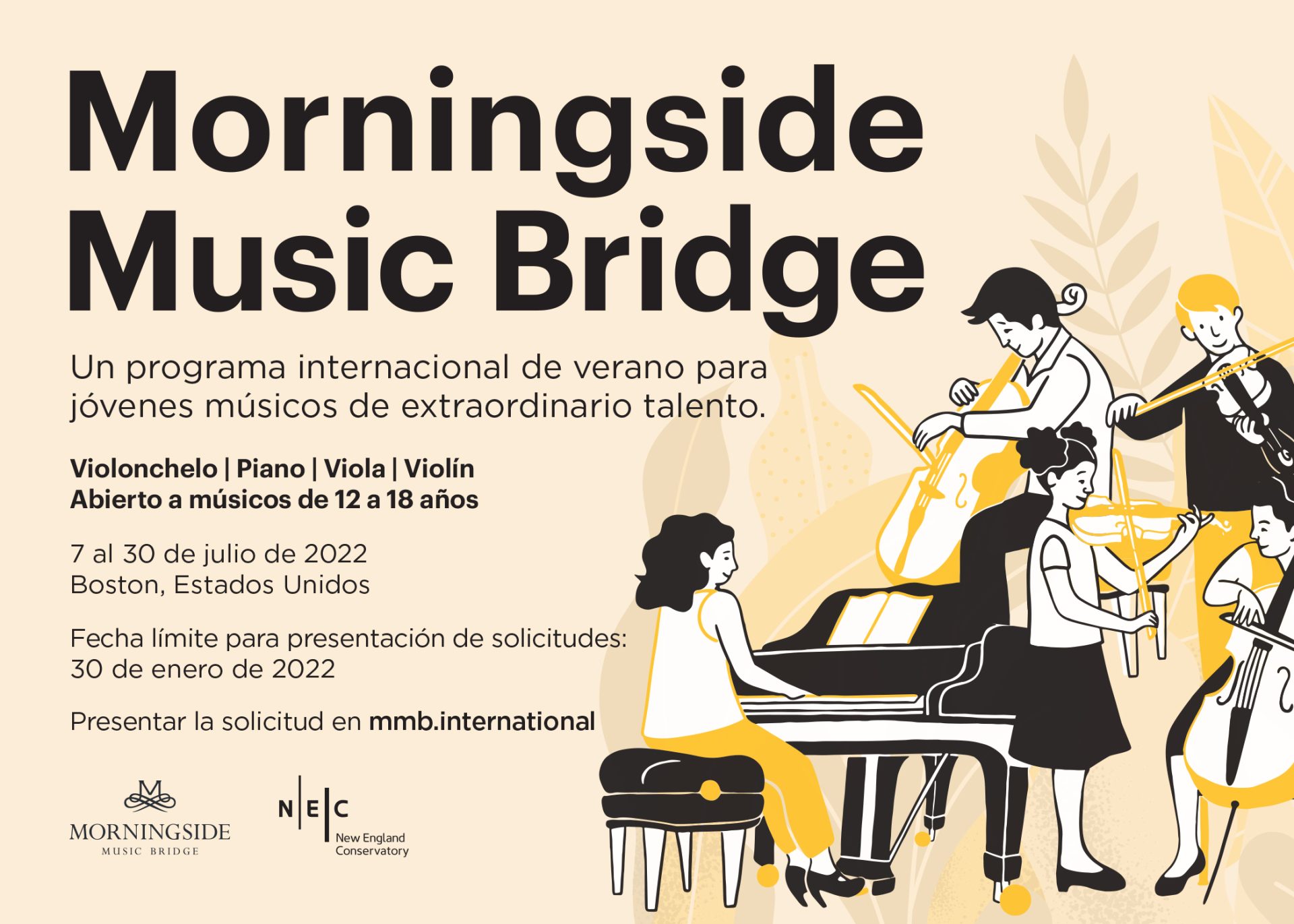 Becas completas para programa de verano en el New England Conservatory de Boston (EEUU), para estudiantes entre 12 y 18 años de piano, violín, viola y violonchelo