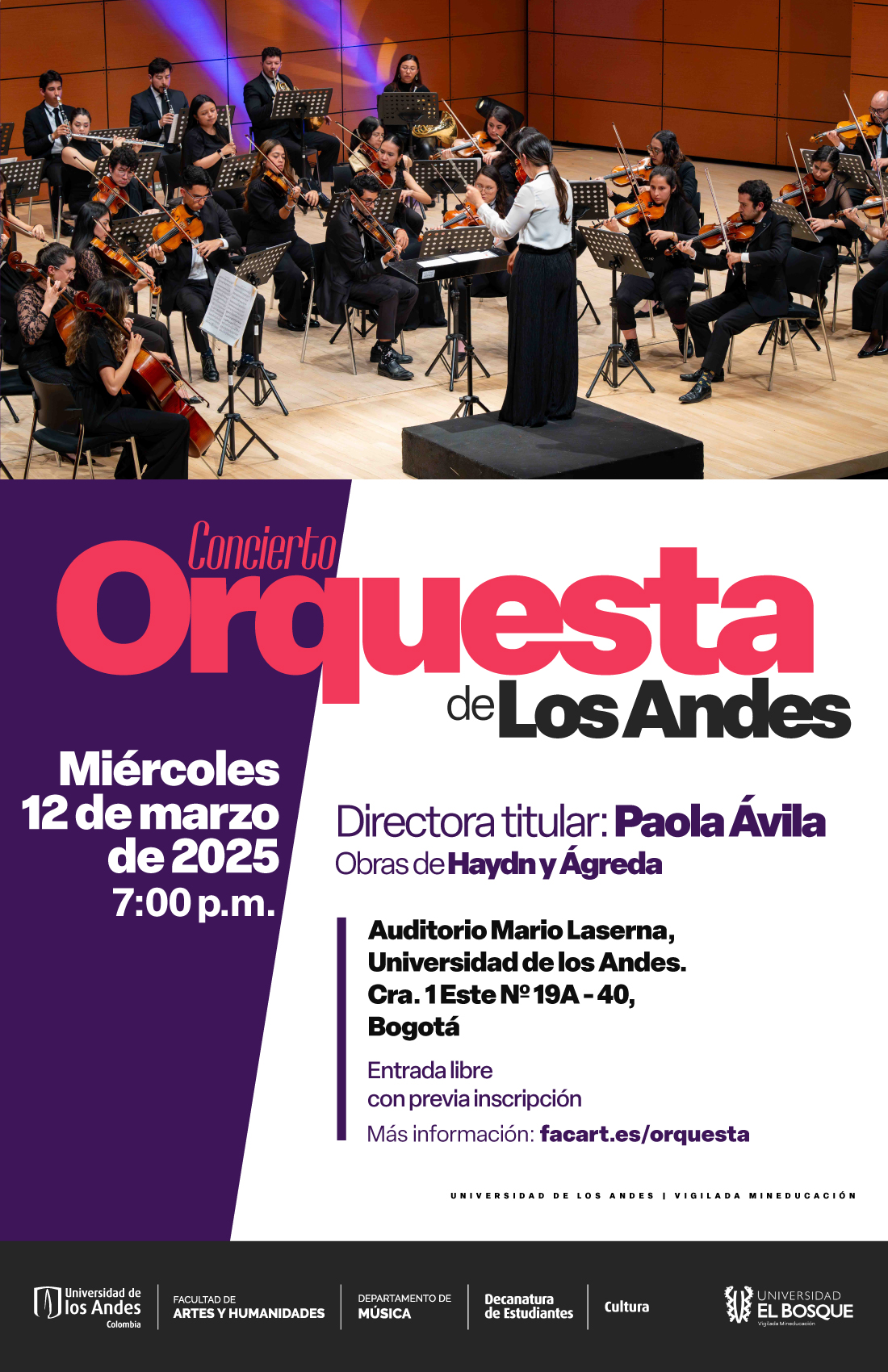 Primer concierto de la Orquesta de Los Andes en 2025-1, próximo miércoles 12 de marzo de 2025 a las 7:00 p.m. en el Auditorio Mario Laserna
