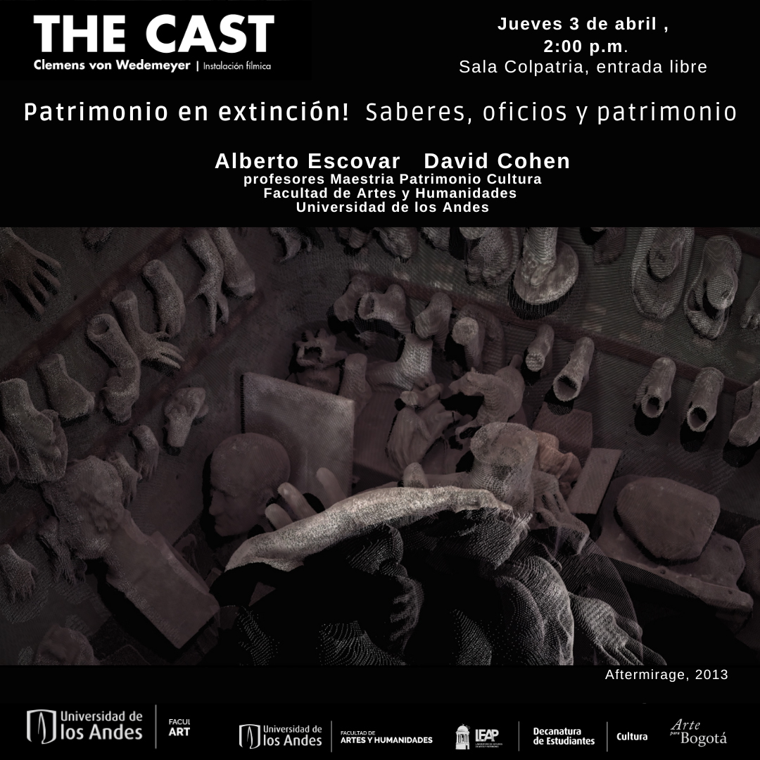 A partir de la obra The Cast y de las reflexiones que genera en torno a los oficios de la elaboración de esculturas y utilería que produjo la gran industria del cine estadounidense en Italia y que en este momento están desapareciendo con el auge de los efectos digitales, este conversatorio gravita en torno al patrimonio cultural construido, los oficios tradicionales (patrimonio inmaterial) y su relación.