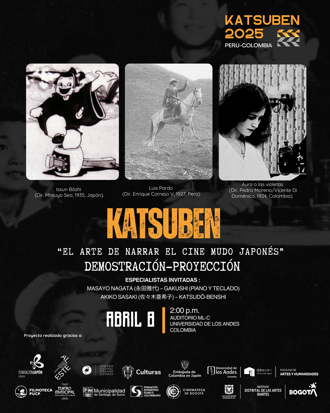 Katsuben: El arte de narrar el cine mudo japonés, próximo miércoles 9 de abril de 2025 a las 2:00 p.m. Auditorio Mario Laserna C