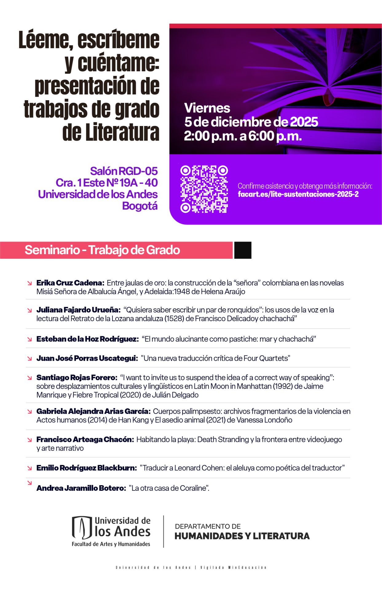 Los invitamos a la presentación de trabajos de grado de Literatura del segundo semestre de 2025.